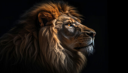 Naklejka premium Majestic lion headshot, staring with strength in close up portrait generated by AI