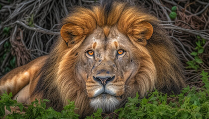 Fototapeta premium Majestic lion with a big mane looking at the camera generated by AI