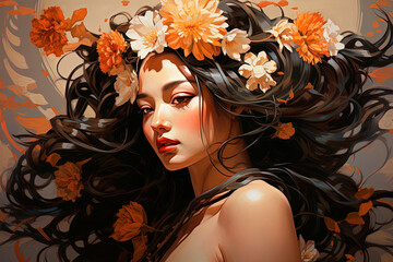 A beautiful geisha with flowers in her hair. Generative AI - obrazy, fototapety, plakaty