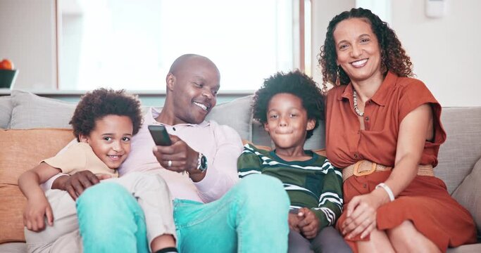 Happy, remote and relax African family watching tv program, movies and streaming media, video or subscription show. Love, bonding and young kids, mom and dad watch television on home lounge couch