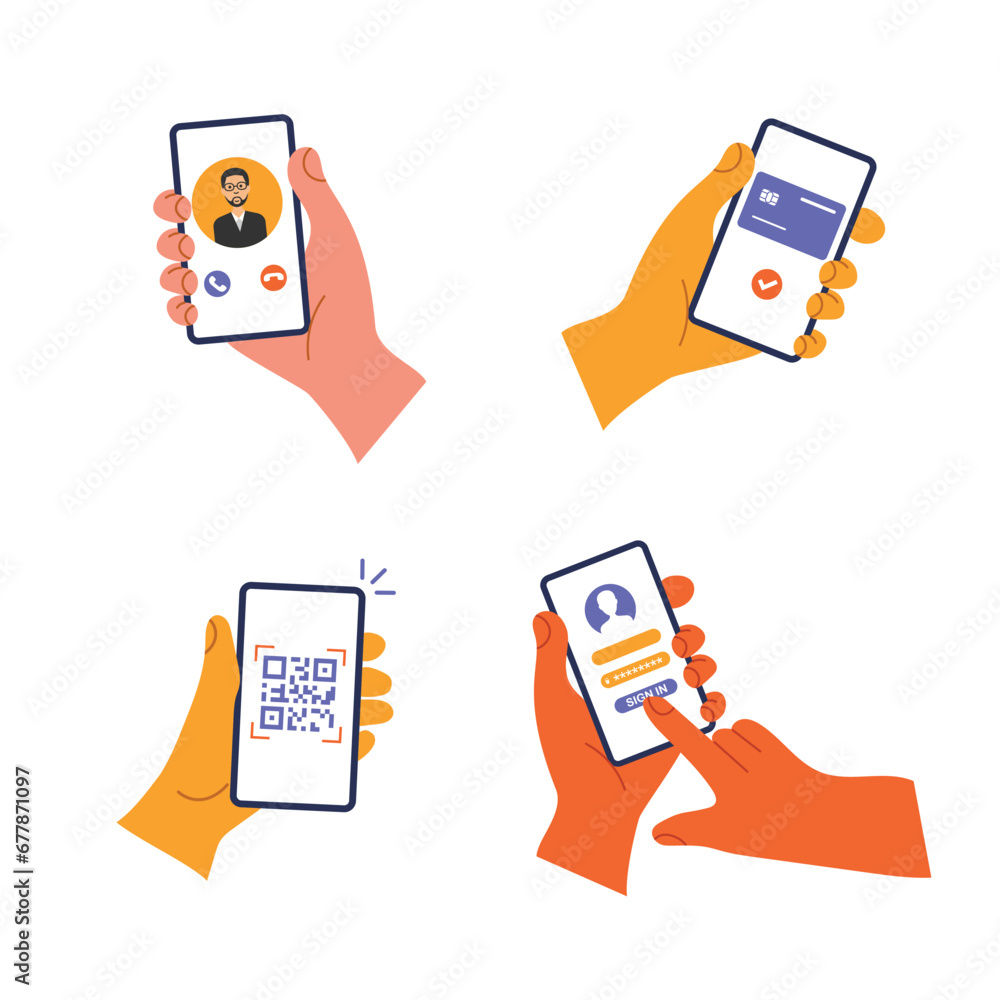 Aufkleber set of hands are holding mobile phone with different apps. contactless payment, video call, qr code 
