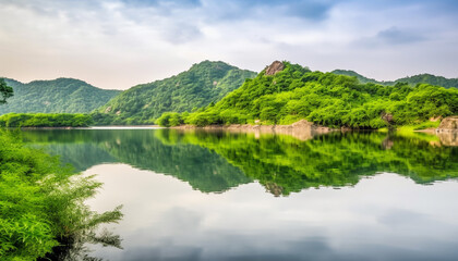Fototapeta na wymiar Mountain landscape reflected in water, surrounded by lush forest outdoors generated by AI