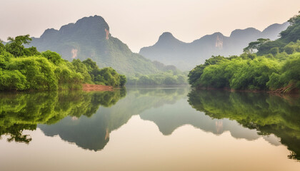 Tranquil sunset view of karst mountain range reflected in pond generated by AI