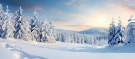 background a picturesque Christmas landscape unfolded as travelers wandered through the snowy forest admiring the elegant white trees and lush green leaves blending harmoniously into the nat