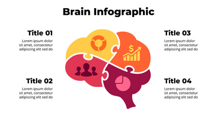 Puzzle Human Brain Anatomy Infographic. Educational concept. Creative thinking Vector illustration. Circle diagram 4 parts, options. Generating Ideas Brainstorm. - obrazy, fototapety, plakaty