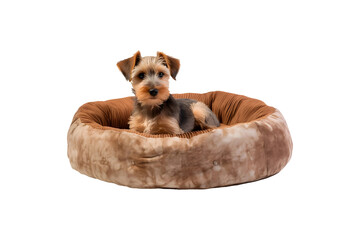 Dog pet sitting on a Comfortable dog bed isolated on transparent background