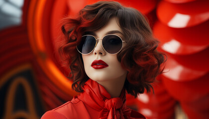 A beautiful young woman in sunglasses exudes elegance and glamour generated by AI