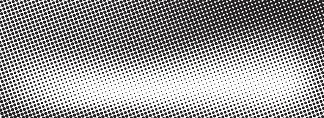 Halftone faded gradient texture. Grunge halftone grit background. White and black sand noise wallpaper. Abstract halftone gray dots gradient on white background, Curved twisted slanting design - obrazy, fototapety, plakaty