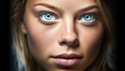 Beautiful young woman with blue eyes staring confidently at camera generated by AI