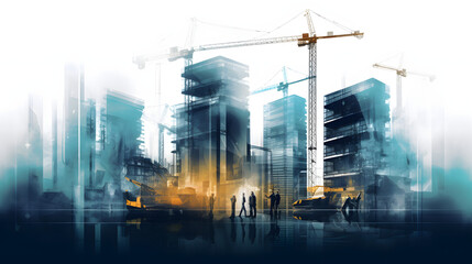 Illustration digital building construction engineering with double exposure graphic design. Building engineers, architect people, or construction workers working.