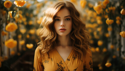 Naklejka premium Young woman in nature, looking at camera, smiling generated by AI