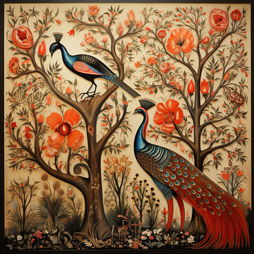 Traditional Madhubani style painting of a peacocks on a textured background.