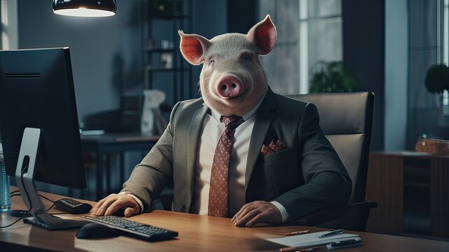 Anthropomorphic Photo of Pig-faced Boss in His Office