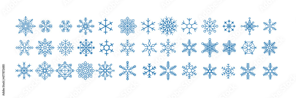 Poster Set blue snowflake icons collection isolated on white background. Set of Snowflakes. Line icons set. Christmas and New Year icon collection