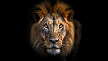 Majestic lion staring, close up portrait of Africa big cat generated by AI