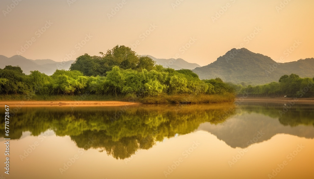 Sticker tranquil dawn, green meadow, mountain peak, reflection in pond generated by ai