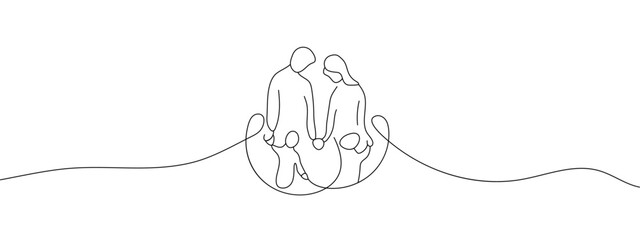 Continuous one line drawing. Happy family father and mother with children