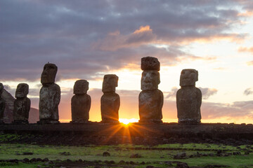 Sunset on Moais Statues at Sunset, Ahu Tongariki, Easter Island