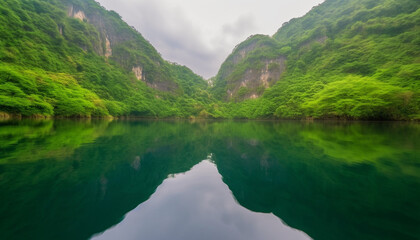 Tranquil scene of mountain reflection in pond, surrounded by forest generated by AI