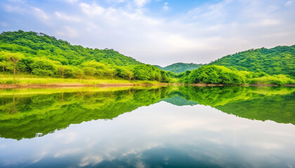 Fototapeta premium Tranquil scene of rural meadow, pond, and mountain range generated by AI