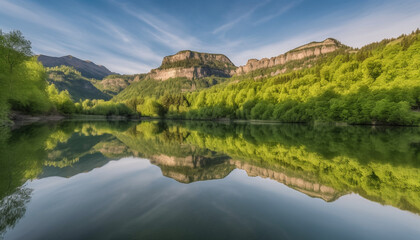Fototapeta premium Majestic mountain peak reflects in tranquil pond, natural beauty abounds generated by AI