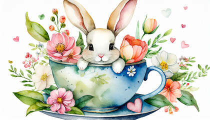 cute cartoon bunny sitting in a tea cup with flowers funny rabbit character design spring easter...