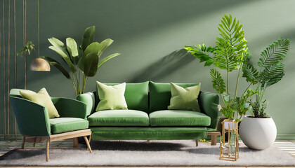 green sofa and armchair and plant in 3d rendering