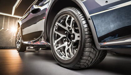 tires with powerful disc brakes pads on a sports racing luxury car