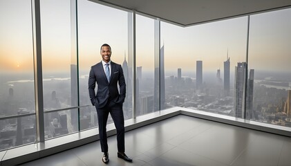 Fototapeta premium A sharply dressed businessman, exudes confidence with a charismatic smile in a sleek, minimalist office space with floor-to-ceiling windows showcasing a cityscape. 