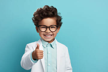 Boy with glasses and wearing in a shirt standing over isolated blue background doing happy thumbs up gesture with hand. - obrazy, fototapety, plakaty