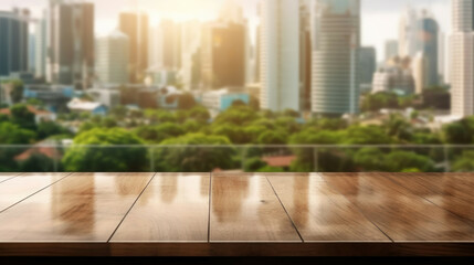 Empty wooden tabletop as a product presentation surface against a cityscape with a park on a summer day.