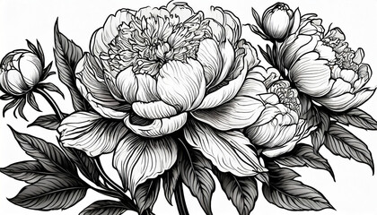 black and white peony flower drawing illustration with line art on white backgrounds generative ai
