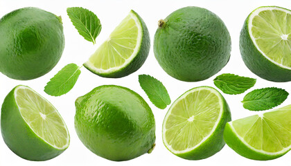 set of limes and mint leaves isolated