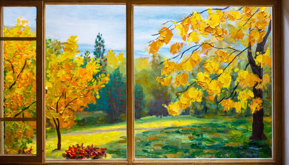 oil painting view from the window to the park with yellow leaves impressionism