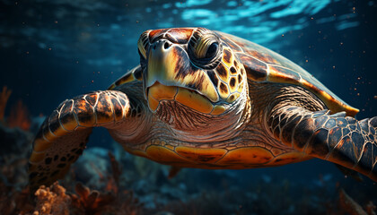 Obraz premium Turtle swimming in blue sea, nature beauty generated by AI