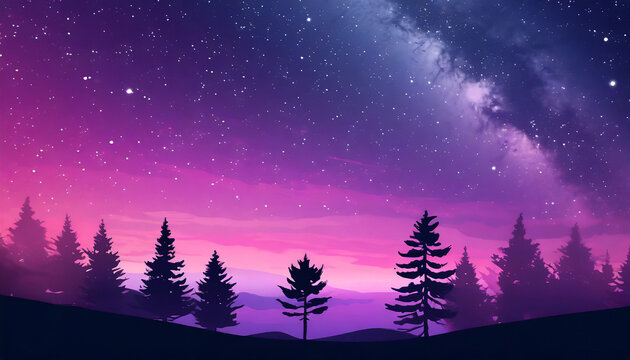 Aesthetic Gradient Cosmic Violet And Pink Starry Sky With Silhouette Forest Trees Landscape Phone Hd Wallpaper Ai Generated