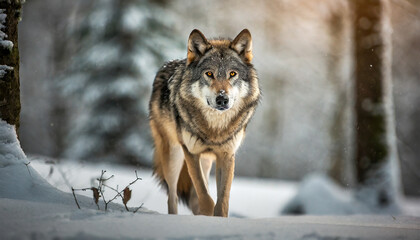 Fototapeta premium grey wolf in the cold snowy winter forest amazing wildlife generative ai
