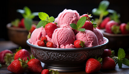 Freshness and sweetness in a bowl of strawberry ice cream generated by AI