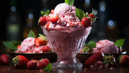 A refreshing summer dessert homemade strawberry ice cream with fresh berries generated by AI