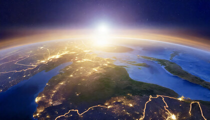 panoramic view on planet earth globe from space with rising sun glowing city lights light clouds generative ai