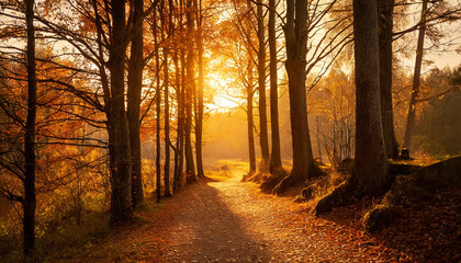 evening warm orange color autumn forest path with tree silhouettes pc desktop wallpaper background ai generated