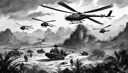 a black and white pen illustration of a battlefield scene during the vietnam war with helicopters...