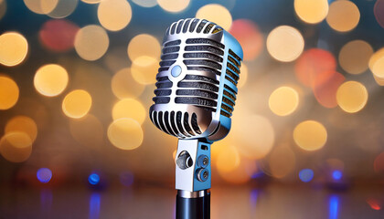 closeup of retro microphone on stage with a bokeh light backdrop karaoke or concert concept generative ai