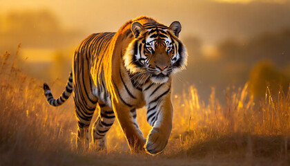 great tiger male walking during the golden light time amazing wildlife generative ai