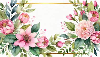 floral frame with pink flowers and leaves watercolor flower border illustration of flower composition frame pattern or bouquet for greeting card background or flyer illustration ai generative