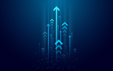 Abstract growth arrow up on technology dark blue background. Speed up arrows. Finance growth and success business concept. Vector illustration in digital futuristic light blue monochrome style.