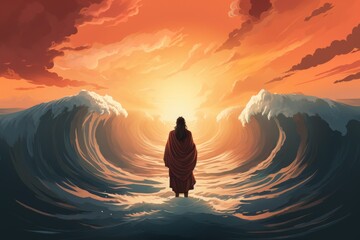 Moses and the Parting of the Red Sea Against the Setting Sun, Dramatic Modern Illustration