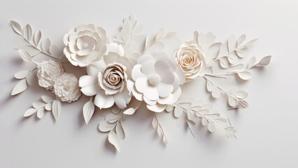 Elegant bouquet of white paper flowers and leaves on minimal light background. Nature decor concept