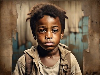 Sad african boy in shabby clothes looks into the camera. Portrait. Poverty, hunger and disasters concept. - obrazy, fototapety, plakaty