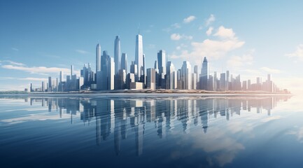 Skyscrapers of a smart city, futuristic financial district, graphic perspective of buildings and reflections on water - Architectural blue background for corporate and business brochure template - obrazy, fototapety, plakaty